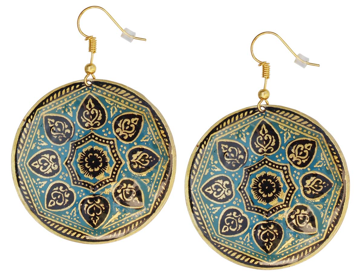 2.5” Round Brass Hook Earrings with Blue Black Enameled Pattern - Drop Earrings / Accessories for Her - Buy in Bulk Wholesale